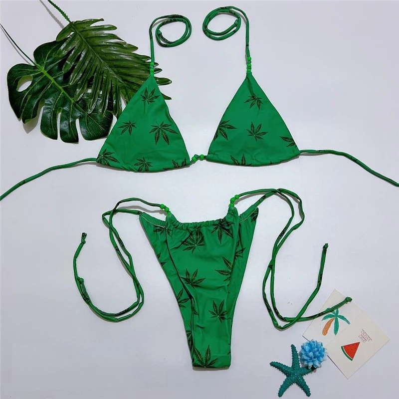 

New Tree Print Sexy Bikini String Swimsuit Bandage Swimwear Women Beachwear Female Halter Tankini Bathers Swim