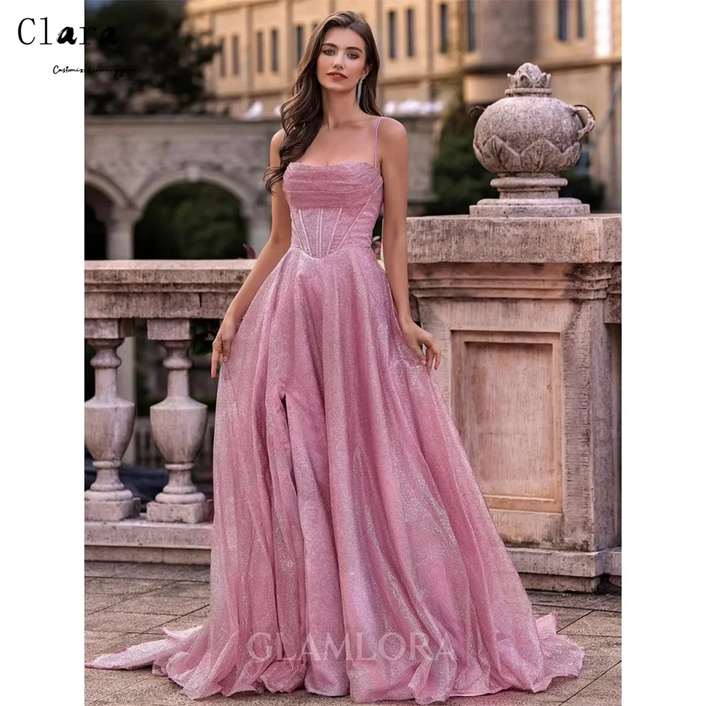 

Clara Custom Pink Backless Shiny A Line Evening Dresses Woman Elegant Party Dresses for Women Luxury Women's Evening Dresses
