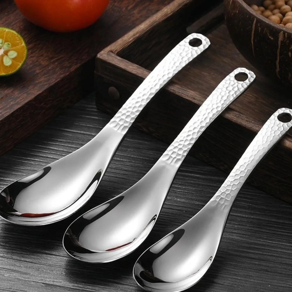 Retro Style Hammer Patterned Stainless Steel Spoon with Hanging Hole Thickened Dessert Spoon Deepen Fruit Spoon Dining