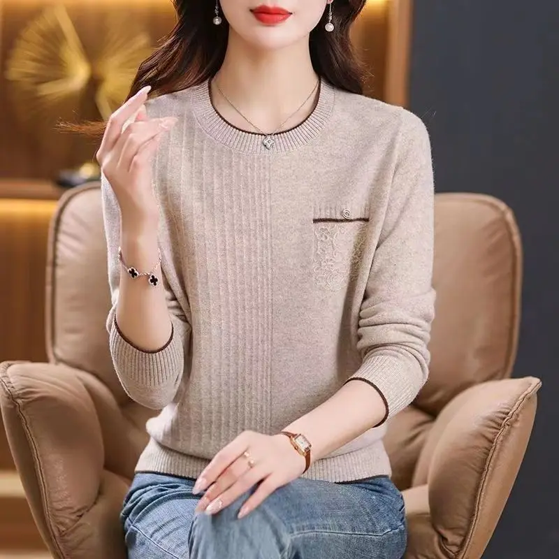 Women's Clothing Round Neck Solid Color Pockets Screw Thread Sweater Knitted Long Sleeve Spring Autumn Casual Elegant Tops