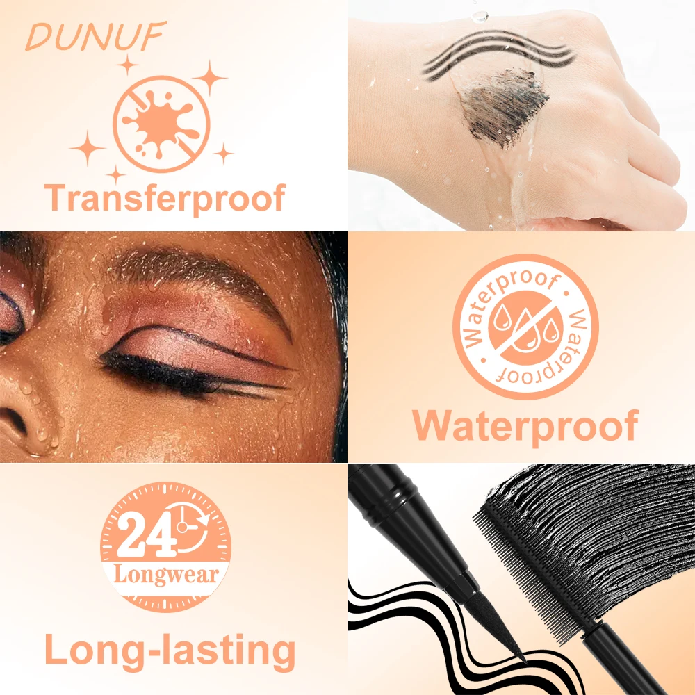 DUNUF ماسكارا مفردة + محدد عيون 2 في 1 محدد عيون طويل الأمد مقاوم للماء ومقاوم للعرق مع تجعيد طويل وحجم