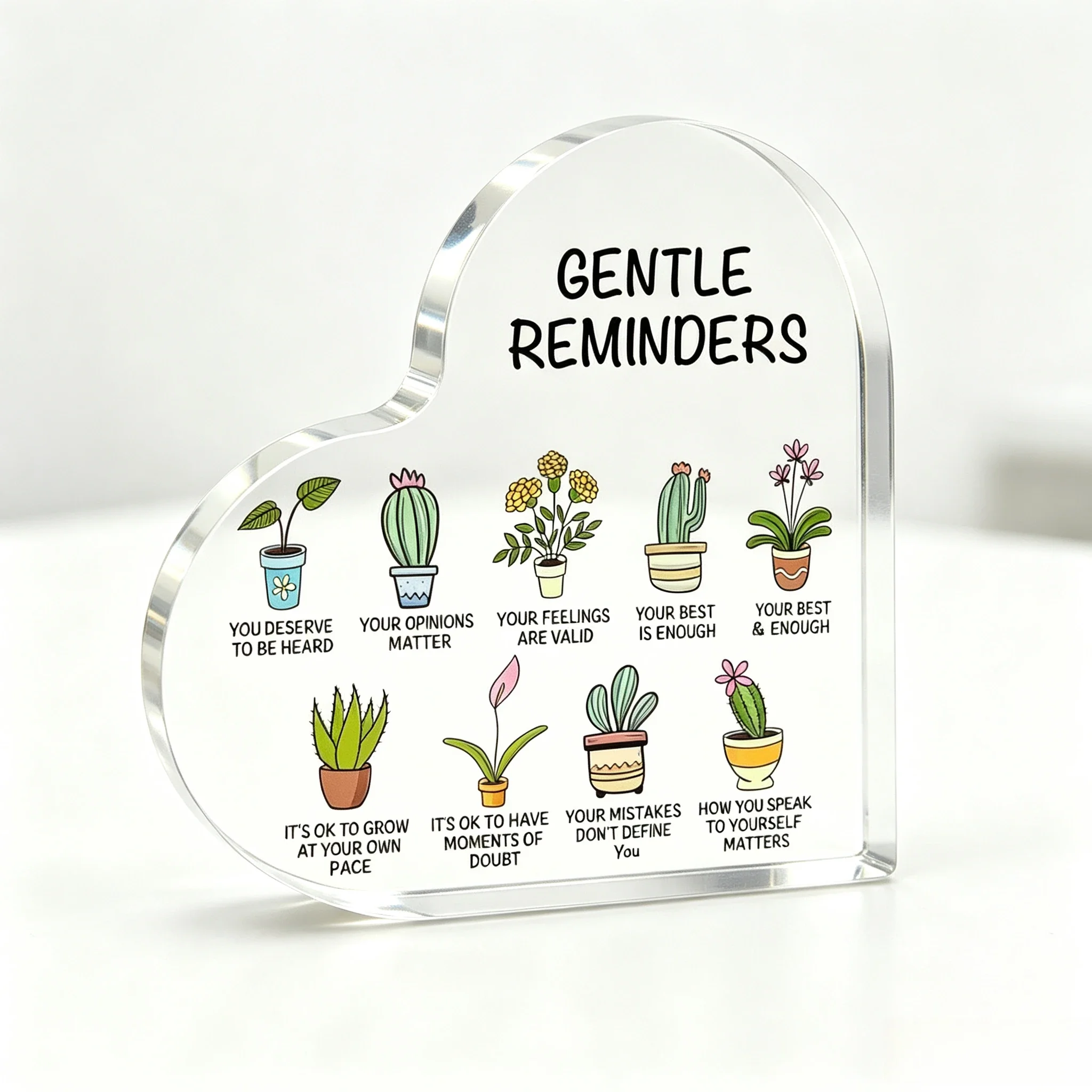Gentle Reminders Heart‑Shaped Acrylic Tabletop Plaque, Cute Potted Succulent Positive Affirmation Desk Decor