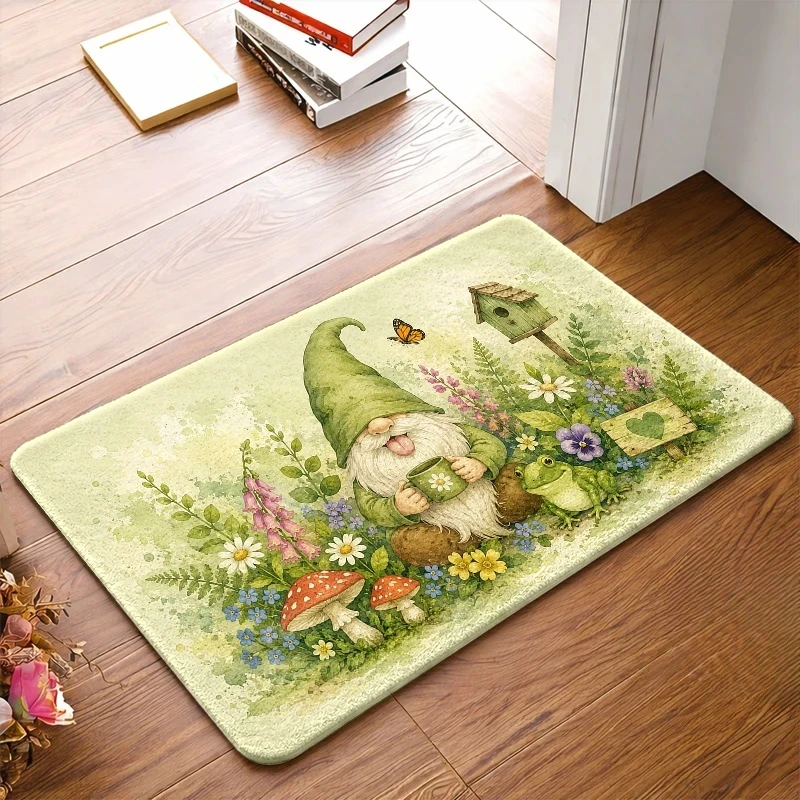 Garden Gnome Door Mat, Cute Dwarf & Flower Pattern, Spring Welcome Rug, Non-slip Entrance Floor Mat, Fairy Home Decor