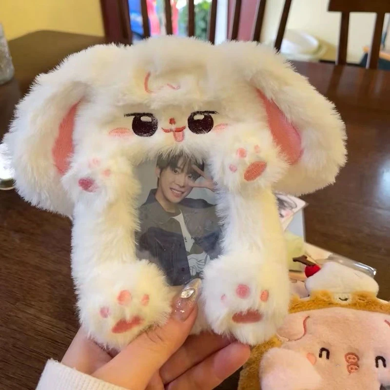 Kawaii Plush Rabbit Card Display Holder Cartoon Photo Protective Display Sleeves Students Bag Pendant Decoration Gifts