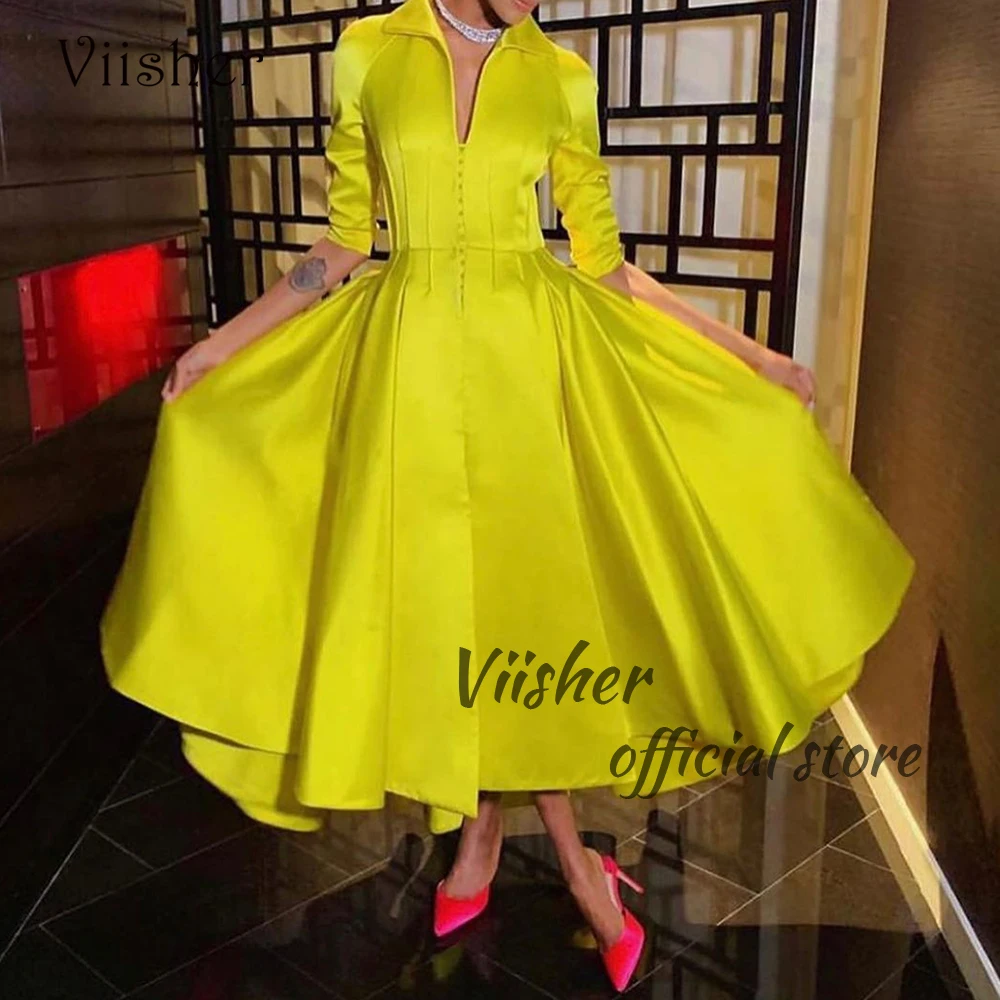 

Yellow Satin Mermaid Evening Dresses Half Sleeve High Neck Prom Dress Ankle Length Arabic Dubai Fromal Evening Gowns