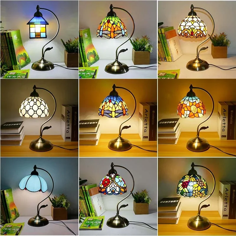 APRIL Tiffany Table Lamp American Retro Living Room Bedroom Lamp Luxurious Villa Hotel  Stained Glass Desk Lamp