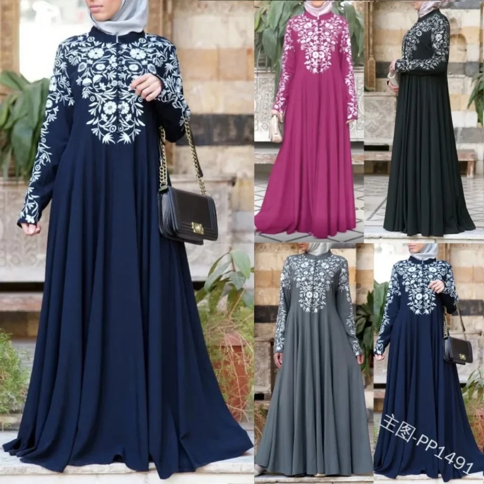 

Muslim Fashion Long Dress Women's Dress Ethnic Style Long Sleeved Printed Stand Up Collar