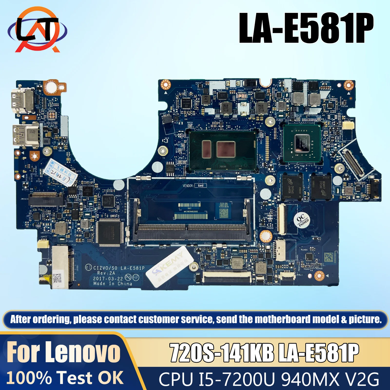 LA-E581P for Lenovo Ideapad 720S-14IKB Laptop Motherboard CIZVO/S0 5B20N79851 5B20N87826 With I5-7200U CPU