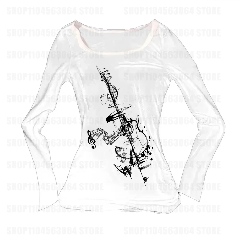 เสื้อยืดสีขาวทรงเข้ารูปสำหรับผู้หญิง ฤดูใบไม้ร่วงและฤดูหนาวใหม่ พิมพ์ลายเรขาคณิต คอกลม