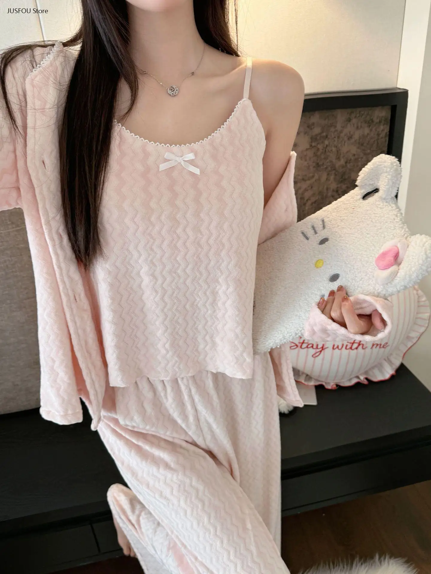 Women Autumn Winter Sweet Simple Island Velvet Pajama Set Long Sleeve Long Pants Soft Cozy Casual Girls Home Sleepwear