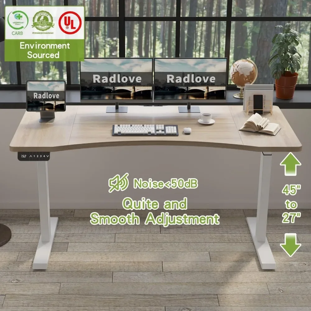 Dual Motors Height Adjustable 63 x 30'' Electric Standing Desk with Curved Design Stand Up Table 4 Memory Keys, Computer Desk