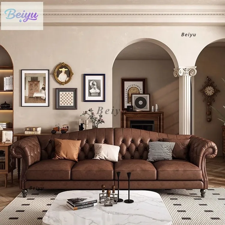 

Американский простой кожаный диван в стиле ретро для гостиной, постмодернистский светлый роскошный масляный воск, кожа, простая комбинированная кожа с пряжкой