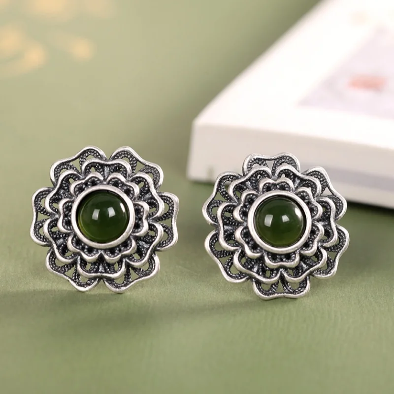 

S925 Sterling Silver Studs Earrings for Women New Fashion Hollow Filigree Flowers Inlaid Jasper Ear-studs Jewelry Free Shipping