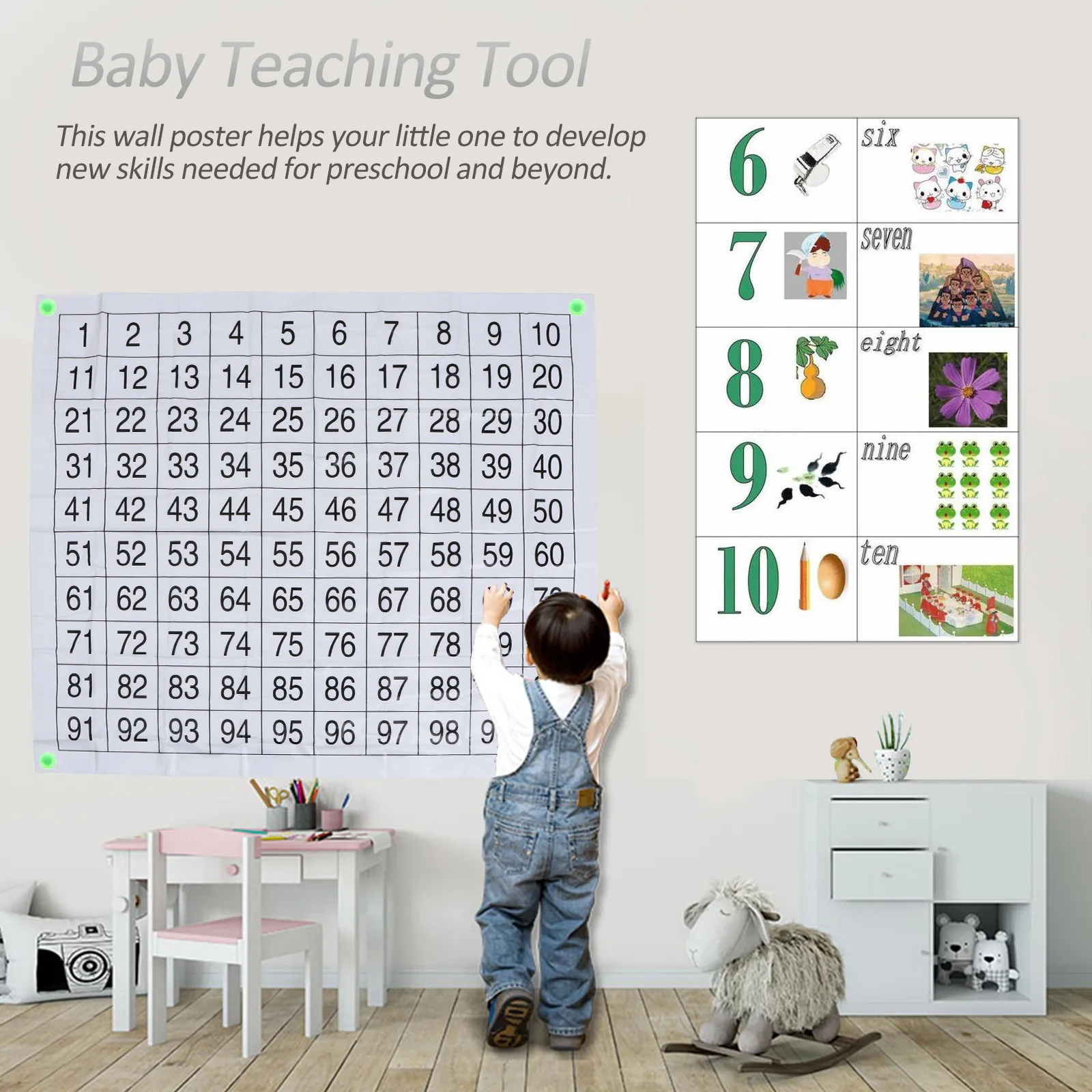 

1Set Children Numbers Poster 1-100 Educational Wall Chart for Preschool Learning Bright Colorful Design Easy Wall Mount Learning