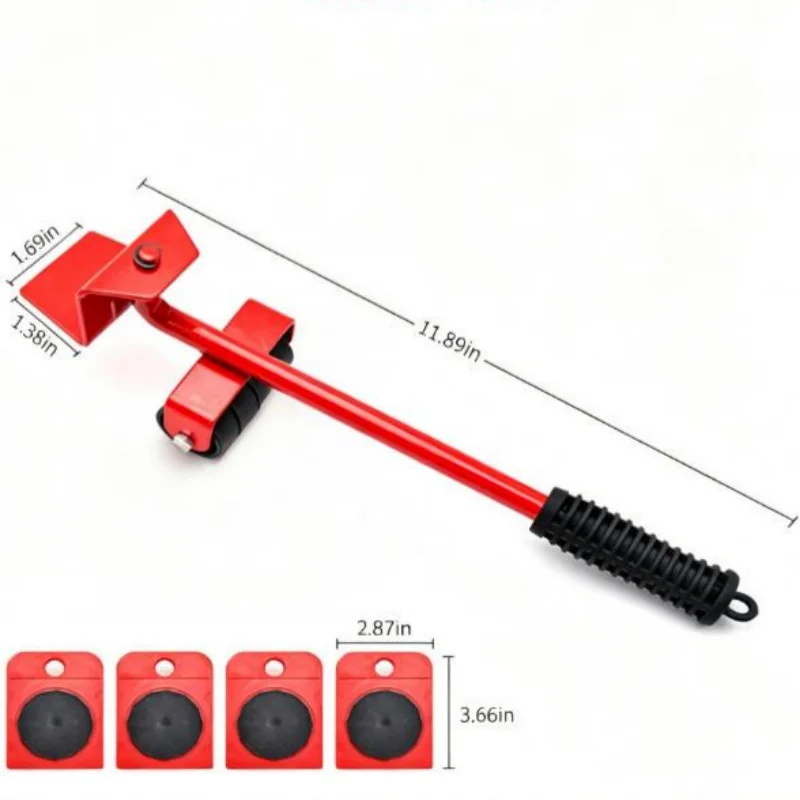 4 Rollers + Wheel Bar Multipurpose Heavy Duty Furniture Lifter & Mover Set 360° Rotation Tool-Free Assembly for Sofa Bed Fridge
