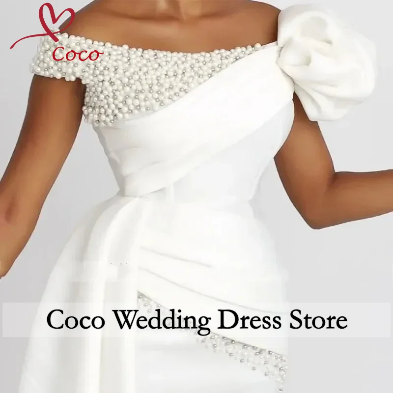 Customized Luxury White Short Wedding Dresses Off the Shoulder Pearls Party dresses 3D Floral Beaded African Bridal Gowns