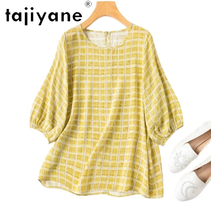 

TAJIYANE 100% Real Mulberry Silk Women T Shirts Yellow Checkered Summer Tops Lantern Sleeve Casual T Shirt 2026 Woman Clothes 반팔