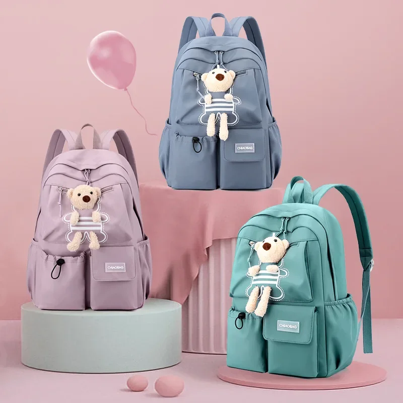 Korean Bear Girls Waterproof School Bags for Teenage Girls Children Backpack Schoolbag Solid Color Kids School Backpacks