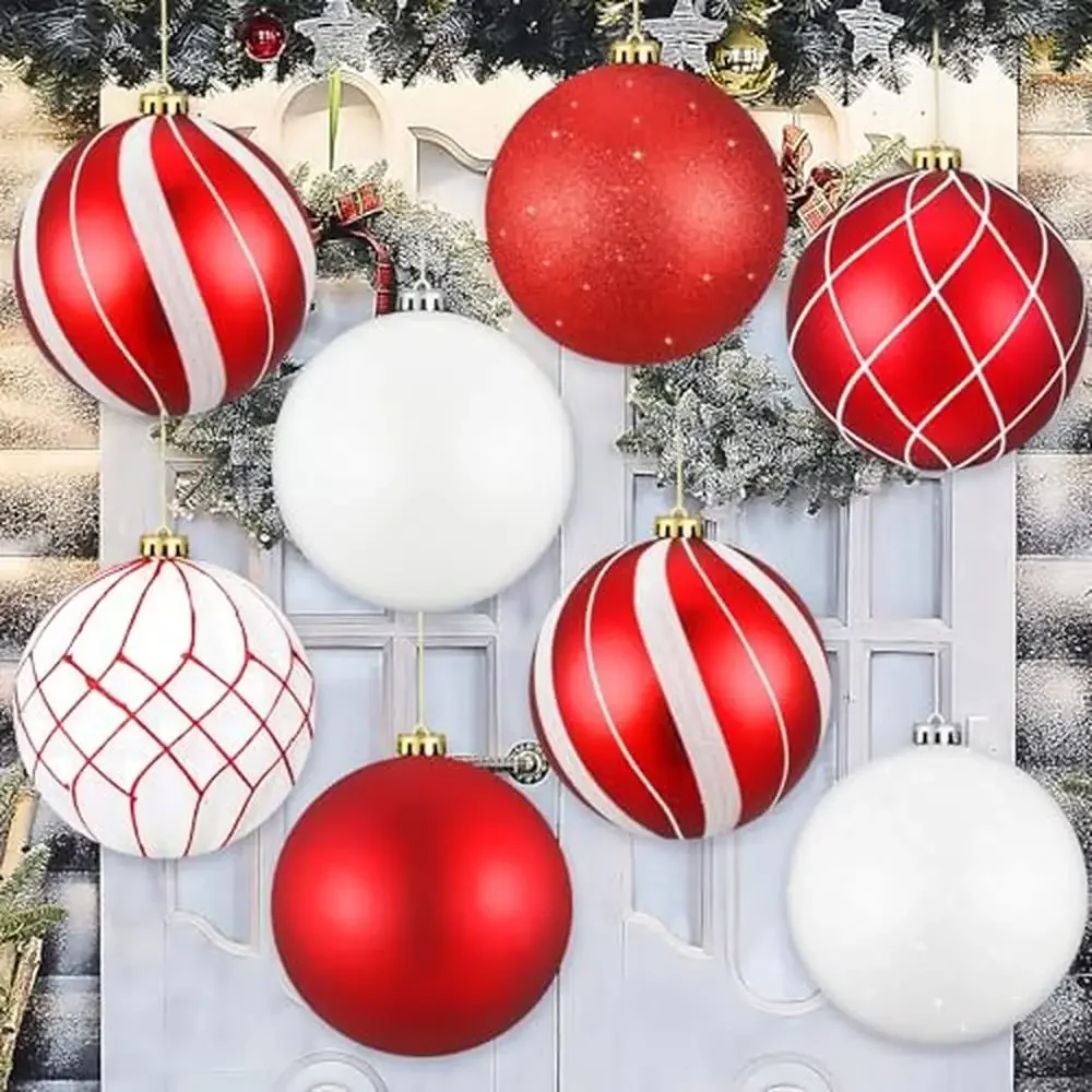 Set of 8 Large Christmas Ball Ornaments Glitter Plastic Hanging Balls Festive Styles Hanging Rope Waterproof & Colorfast