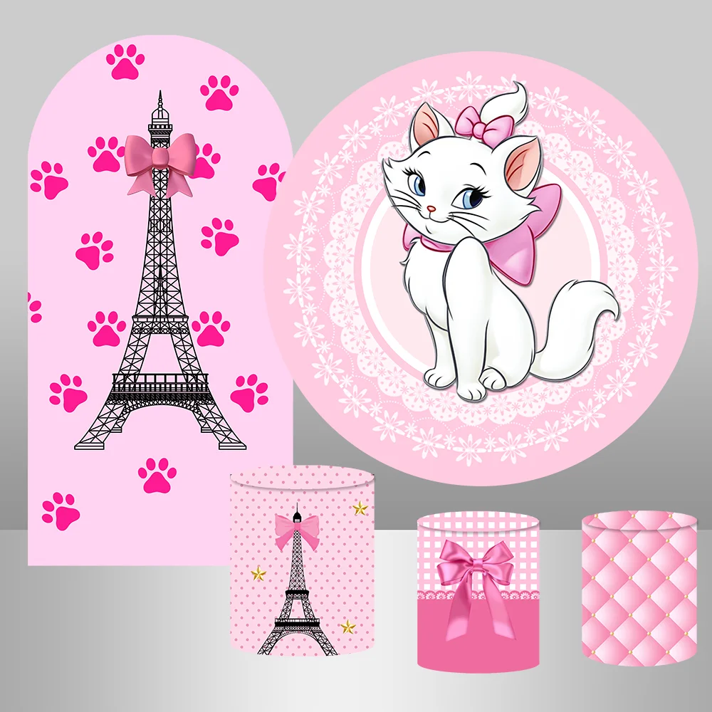 

Cartoon Marie Cat Birthday Round Backdrop for Girl Party Decorations Paris Tower Baby Shower Arch Cover Wall Photo Background