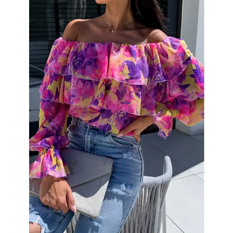 

Spring/Summer Women's Casual Shirt Sexy Off the Shoulder Long sleeved Fashion Printed Shirt Holiday Party Women's Shirt