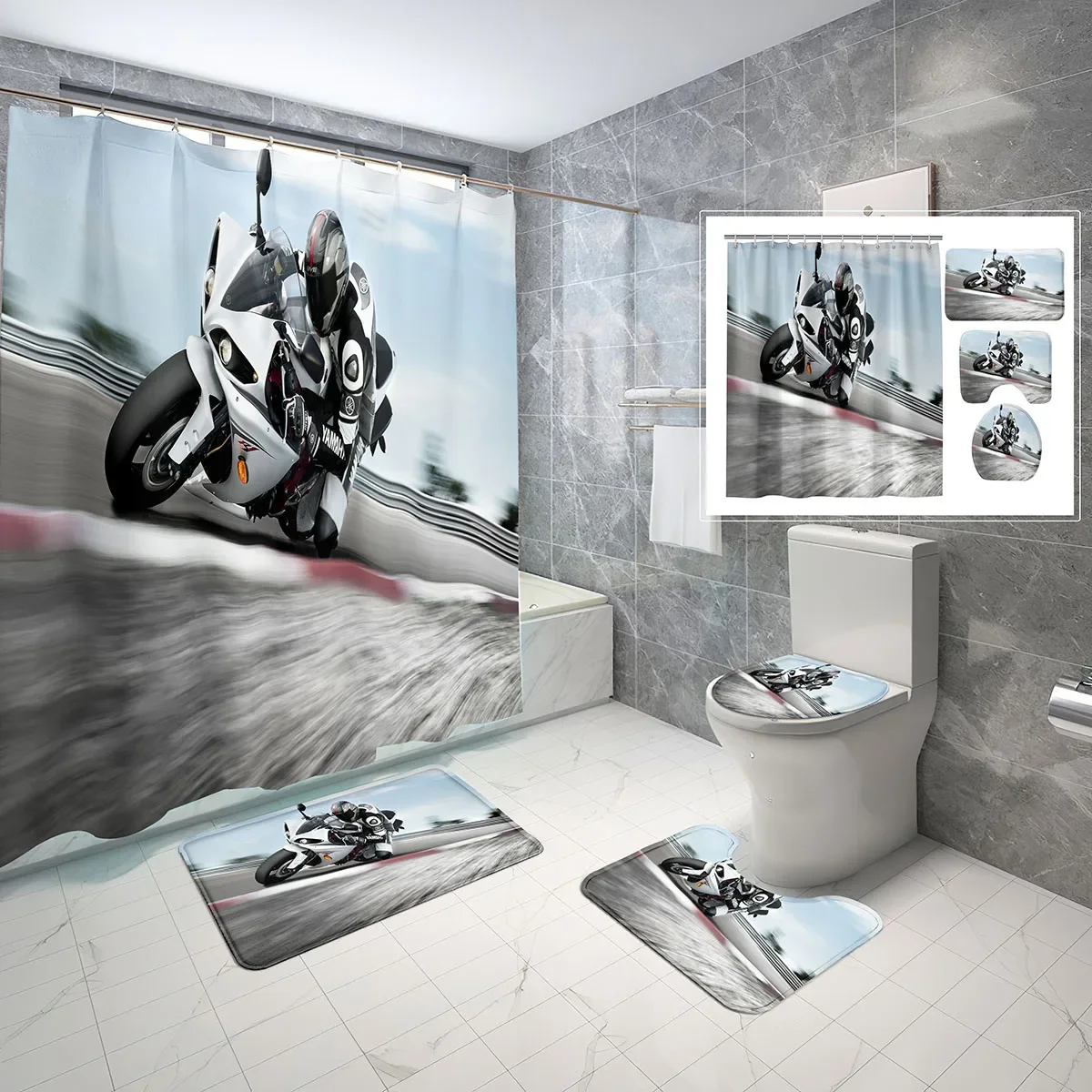 Shower Curtain Set Adventure Motorcyclist 4 Pcs Shower Curtain Bathroom Non-Slip Bath Mat Toilet Cover Shower Curtain Set