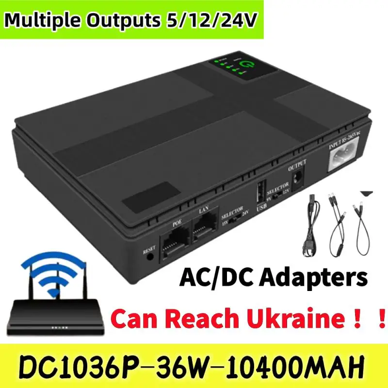 

Mini Black DC 1036P-36W-10400MAH Portable EU Route UPS 5V-24V Uninterruptible Power Supply For WiFi Router Standby Power Adapter