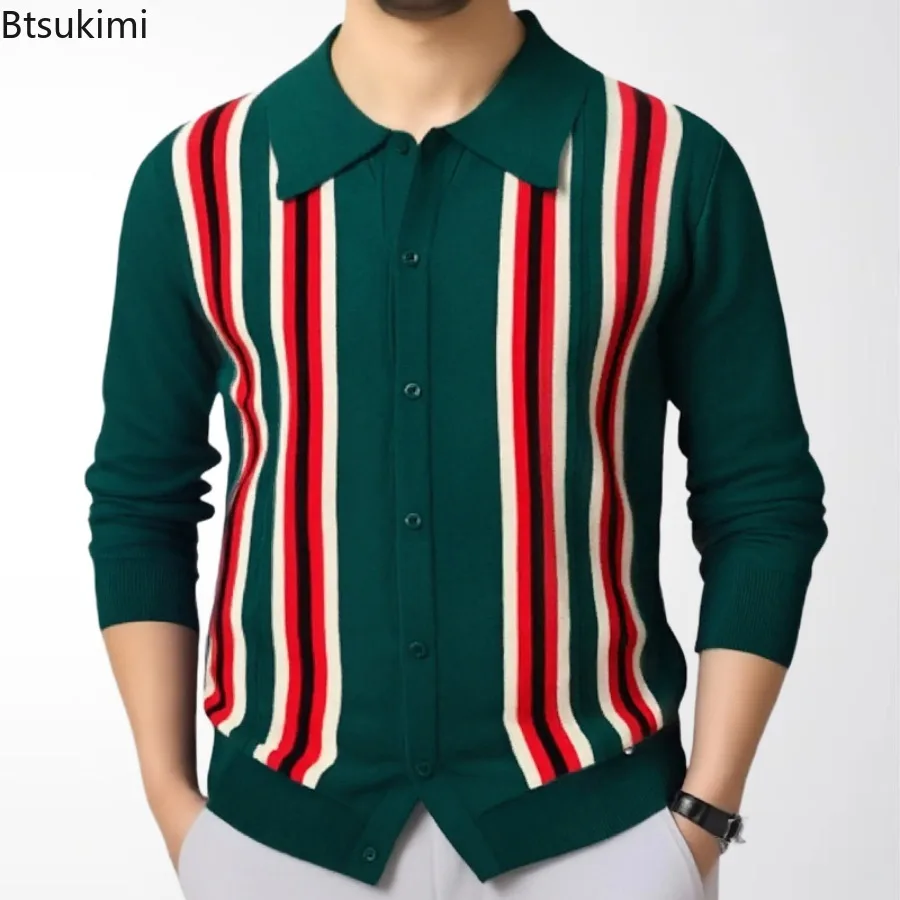 

2026 Новые мужские весенние тонкие трикотажные свитера, мужские деловые повседневные вязаные кардиганы с длинными рукавами, модные полосатые топы, рубашки-поло, мужские