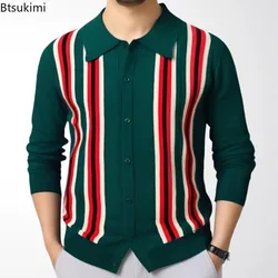 2026 New Men's Spring Thin Knitwear Sweaters Men Business Casual Long Sleeve Knit Cardigan Fashion Striped Tops Polo Shirts Male