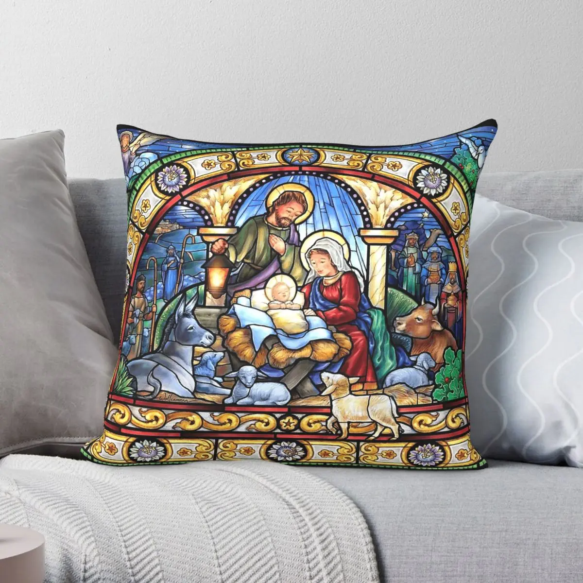 Stained Glass Nativity Square Pillowcase Polyester Linen Velvet Creative Zip Decor Pillow Case Car Cushion Cover 18