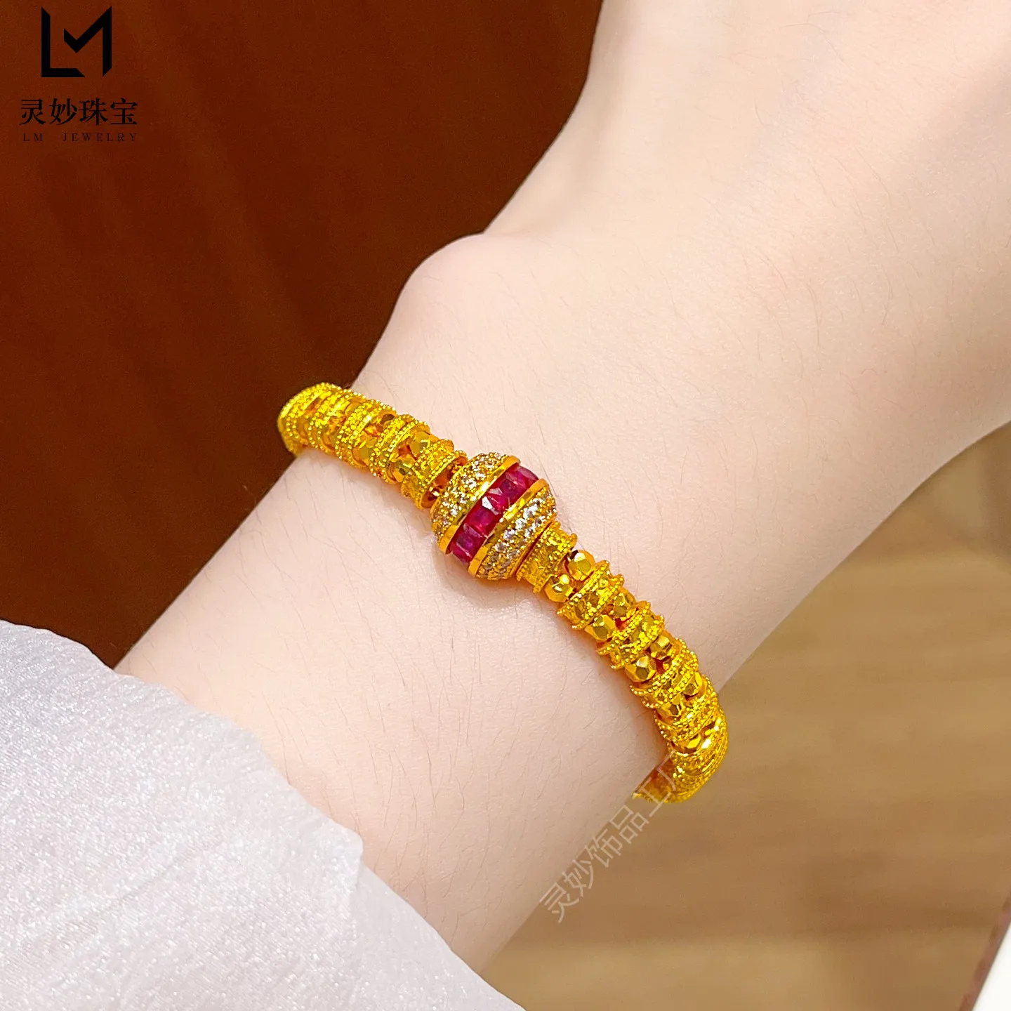 Luxury 9999 24K Solid gold dot diamond ruby   double row bracelet retro bouncy bead adjustable jewelry gift for women