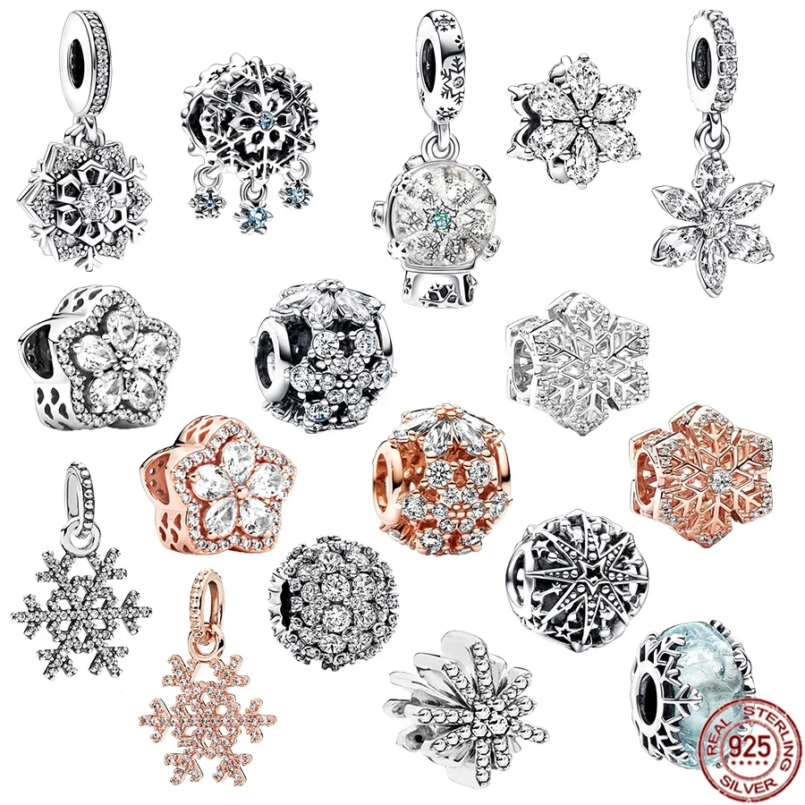 Espumante Floco de Neve Dangle Charms para Mulheres, 925 prata esterlina, Snow Globe Bead, se Fits Original Pulseira Pandora, Presente da jóia DIY