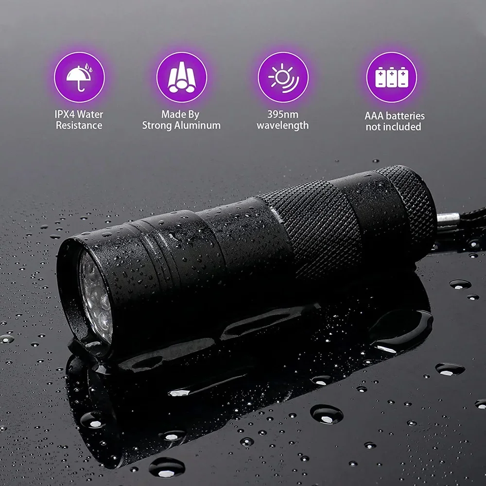 Lanternas de luz negra à prova d'água, portátil, uv, 12 led, 395nm, mini detector de tocha de luz para animais de estimação, manchas de urina, luz preta, lâmpada uv