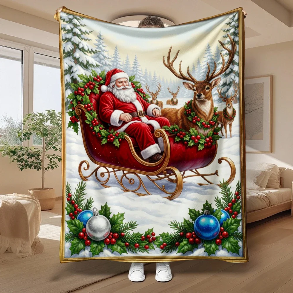 1pc 2D Flat Santa Sleigh Reindeer Snow Scene Blanket, Soft Warm Throw for Living Room, Bedroom, Sofa, Christmas Holiday Gift
