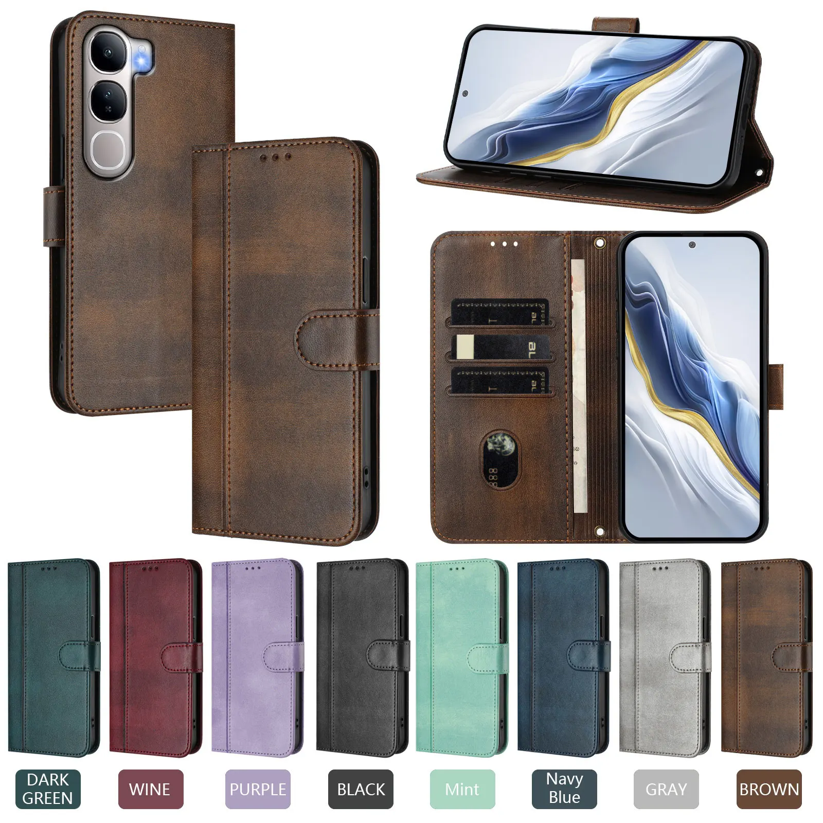 Funda de cuero magnética tipo billetera para VIVO Y400 Pro Y400 Y300 Pro Y300t Y300 Y200e Y100 5G 4G, funda a prueba de golpes