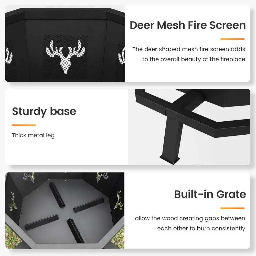 35 Inch Octagonal Outdoor Wood Burning Fire Pit for Backyard Camping and Outdoor Entertainment