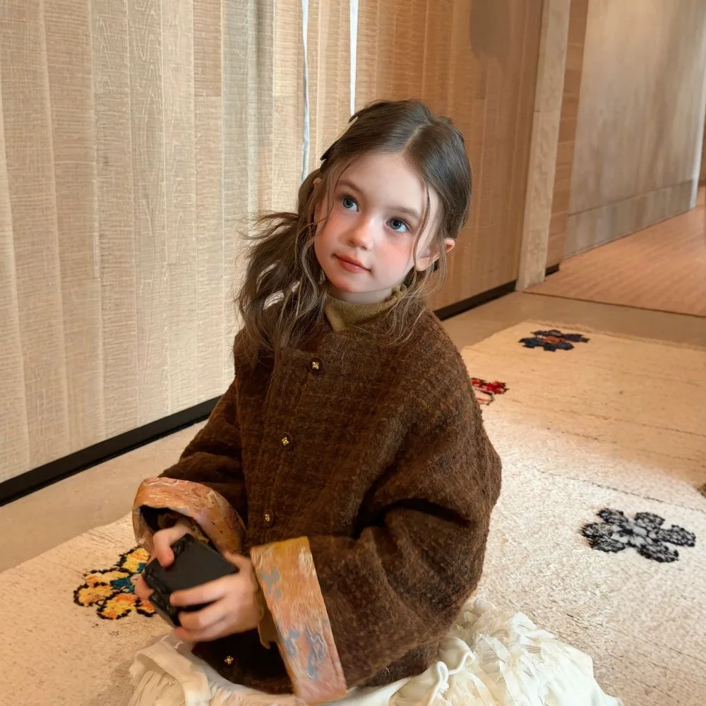 Girls Retro Color Block Chinese Style Wool Coat 2026 Autumn New, Stylish Premium Casual Outer Tops For Kids Girls for 90-160cm