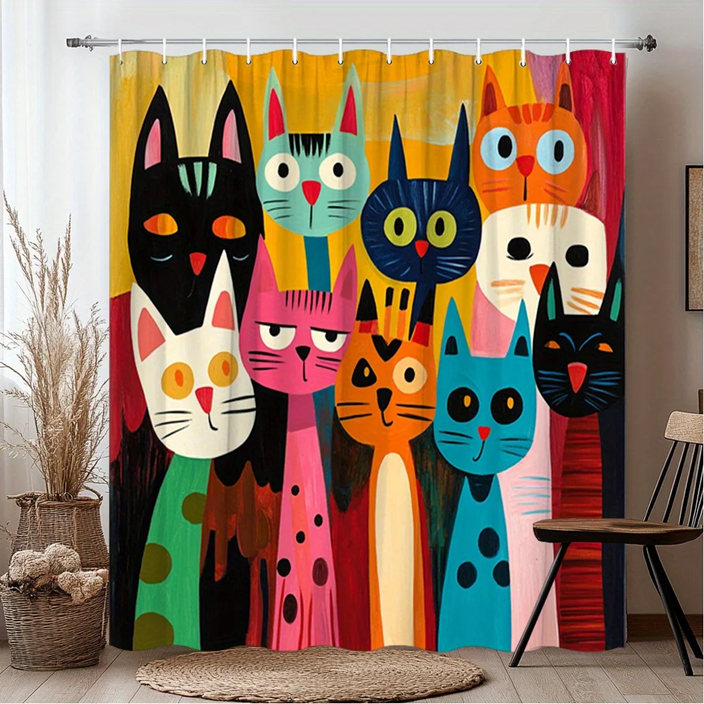 Vibrant Colorful Cats Shower Curtain - Abstract Feline Art, Bold Warm Hues, Mid-Century Modern Design