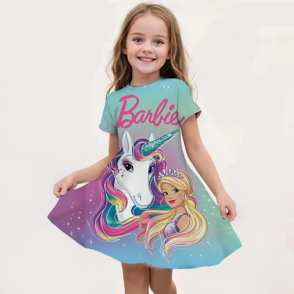 Girl Barbie Princess&Unicorn Cartoon Dress Children's Clothing 3-14 Kids Birthday Party Dress Children's Casual Clothing