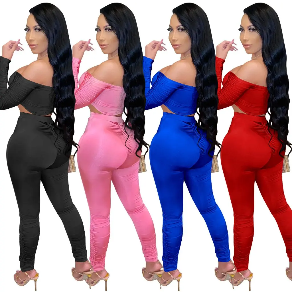 

Women's Pleated Shoulder Drawstring Stack Sleeve Lace-up Two-piece Set Fall Winter New Collection