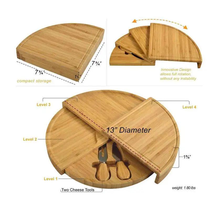 For Bamboo Cheese Board Combination Plate Set, Outdoor Portable Round Cheese Bread Plate Fruit Snack Wooden Tray