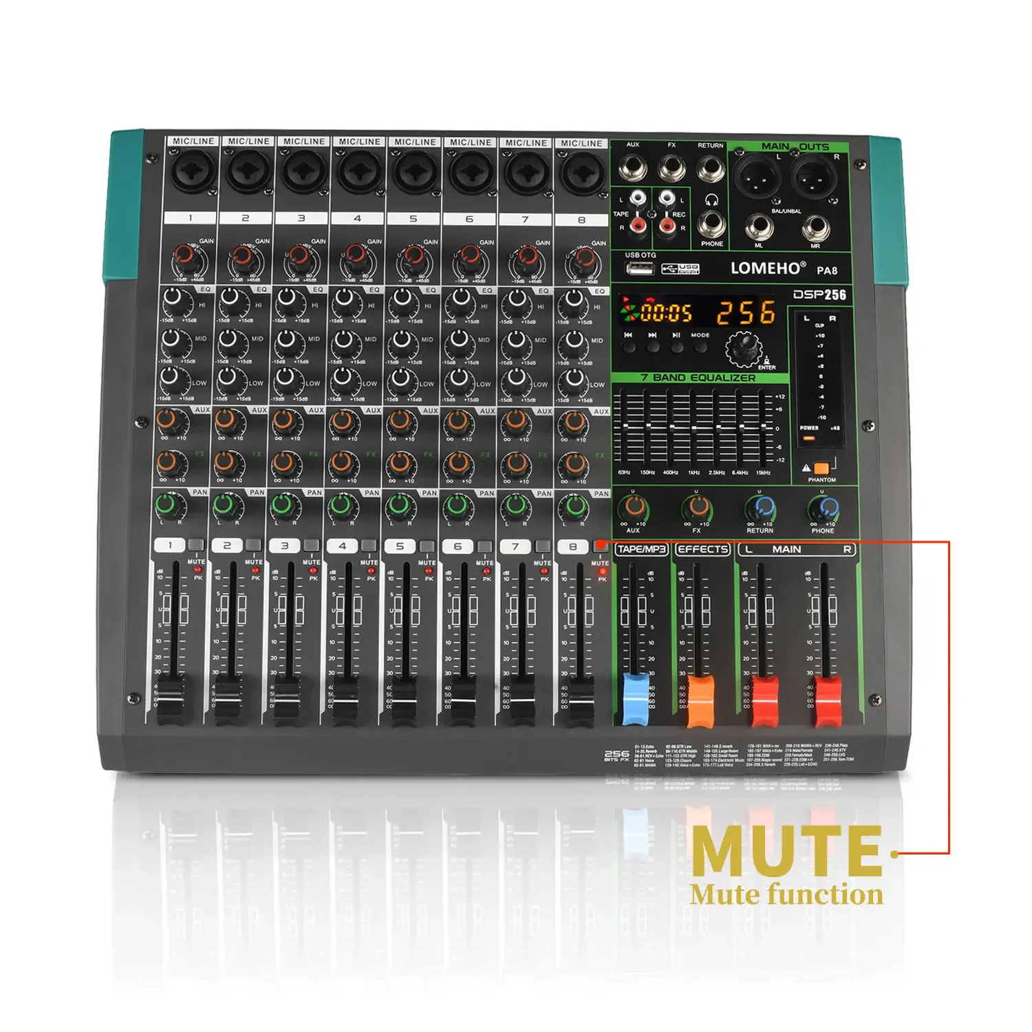 Imagem -03 - Romero Canais Mixer 256 Efeitos Digitais Misturador Profissional de Áudio Bande eq Mixer 48v Fantasy Power Usb Reprodução Gravação Bluetooth Compatível Pa6 8