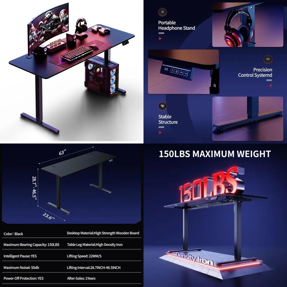 

Height Adjustable Electric Sit-Stand Desk, 63x24 Inch, Ergonomic Computer Table, Modern Lift