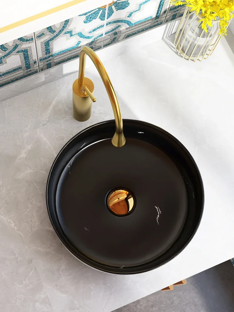 On-stage basin, wash basin, household balcony, bathroom, small size ceramic jazz black round face basin