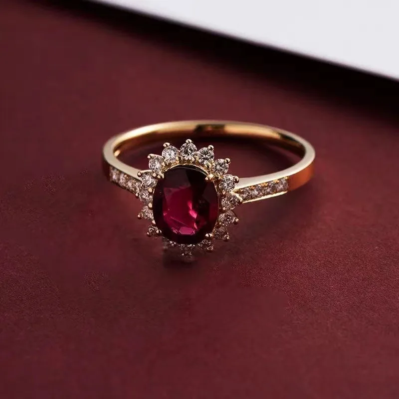CCFJOYAS 100% 925 Sterling Silver 18k Gold Plated Retro ruby Ring for Women Exquisite Oval Rose Red Zircon Vintage Finger Rin