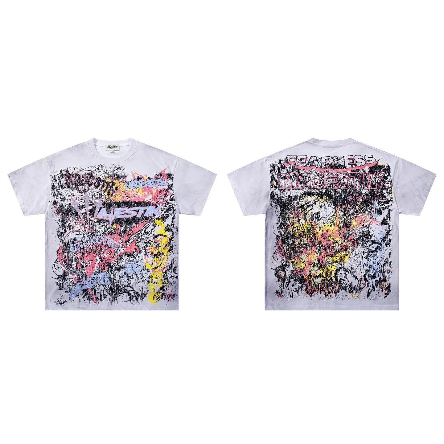 MAJESTIK Graffiti Print Short-Sleeved T-Shirt - Loose-Fitting, Retro, Embroidered Beads, Casual Shirt for Men and Women, Trendy