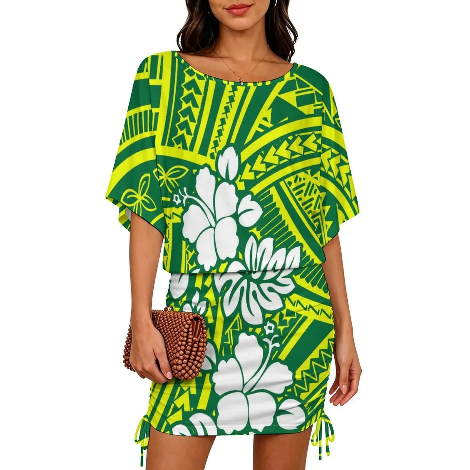 Customized High-Definition Floral-Print Women'S Short-Sleeved Dress Polynesian Island Casual Shopping Dress
