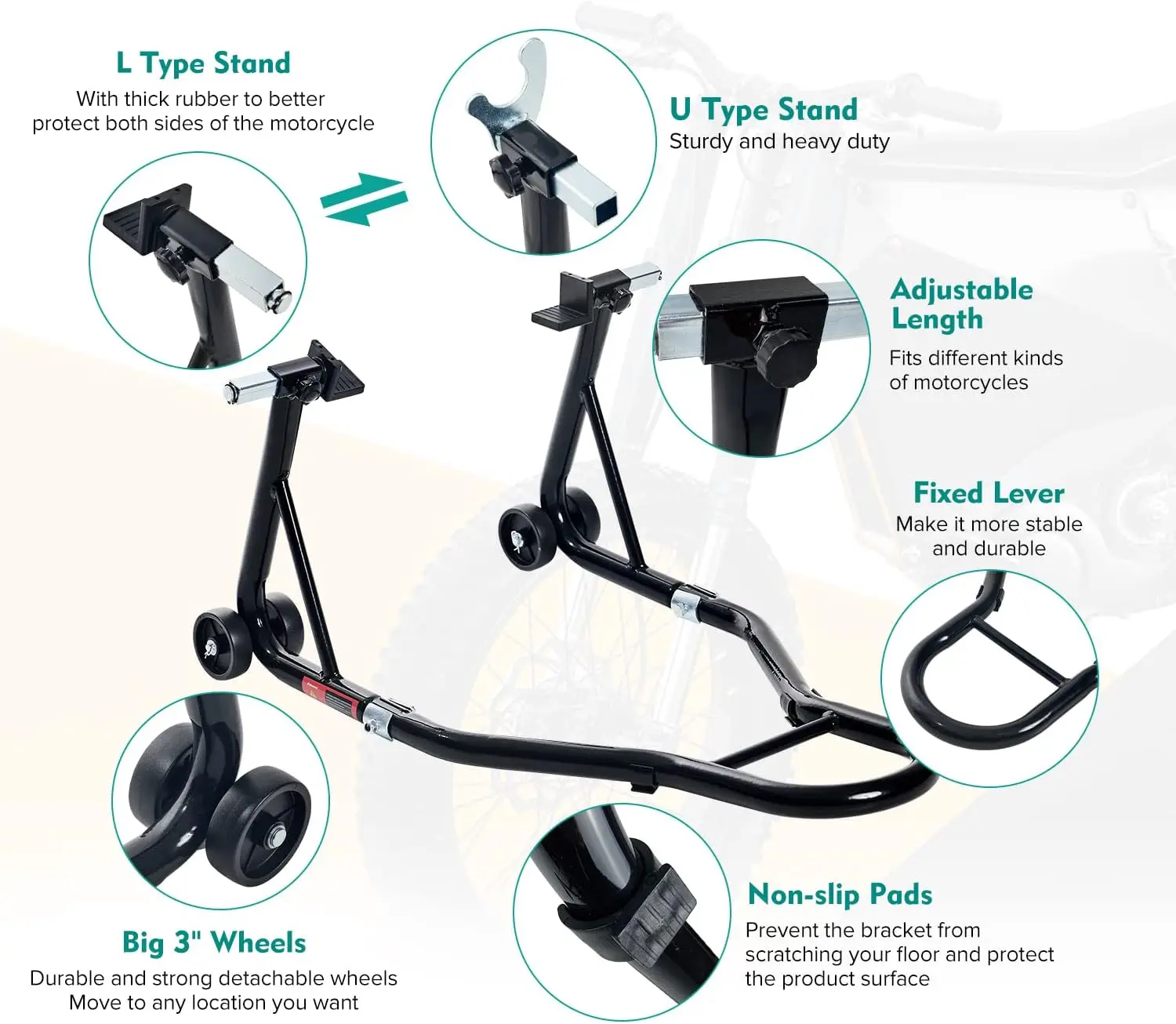 Robuuste motorfiets-achterwielliftstandaard, capaciteit 850LB, verstelbaar voor sportfietsen, zwarte afwerking