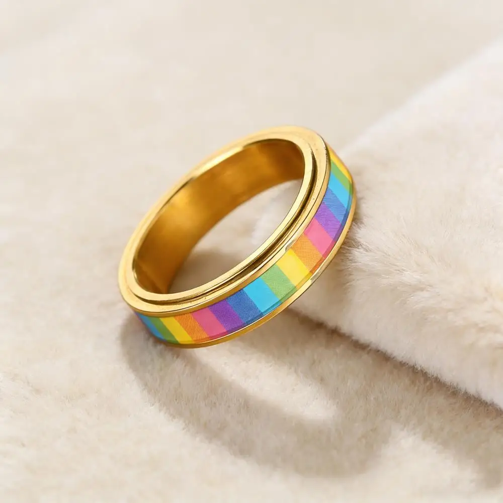 Stainless Steel Spinner Rings For Women Colorful Rotating Pressure Reducing Round Rainbow Wedding Bands Engagement Jewelry Gifts