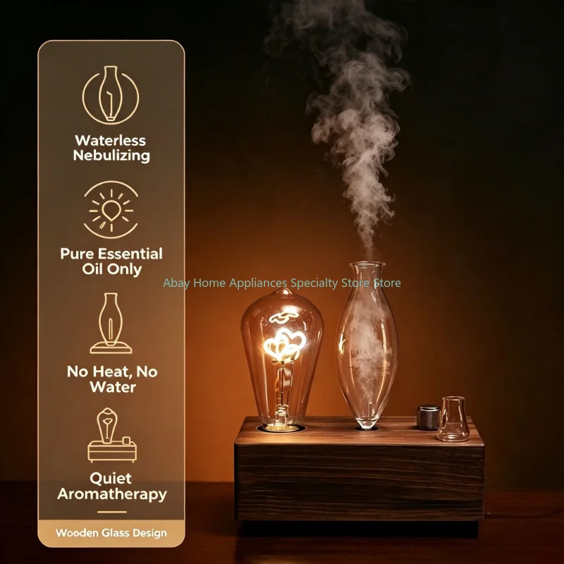 Rechargeable Heart Shape Light Waterless Nebulizing Essential Oil Diffuser Wooden Glass Cordless Wireless Aromatherapy Nebulizer